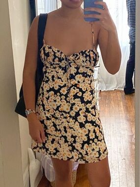 Realisation Par Black Floral Mini Dress with White and Yellow Daisy Print